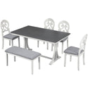 Mid-Century 6-Piece Trestle Table Set With Victorian Round Upholstered Dining Chairs and Long Bench, Gray+Antique White