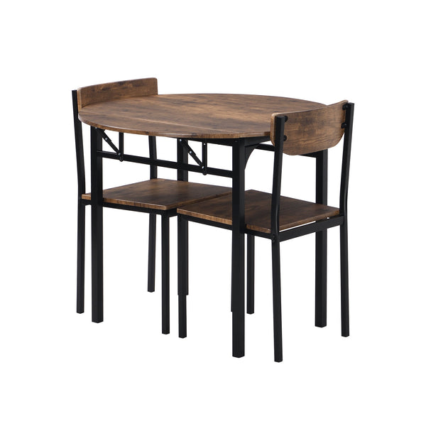 Modern 3-Piece Round Dining Table Set With Drop Leaf and 2 Chairs for Small Places,Black Frame+Rustic Brown Finish