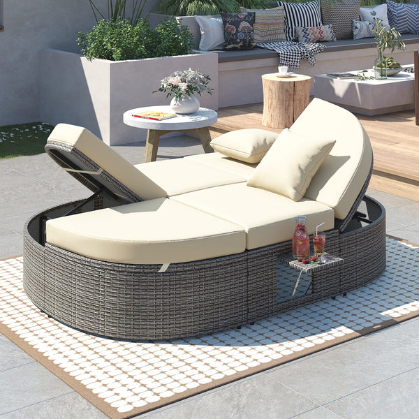 Outdoor Sun Bed Patio 2-Person Daybed With Cushions and Pillows, Rattan Garden Reclining Chaise Lounge With Adjustable B