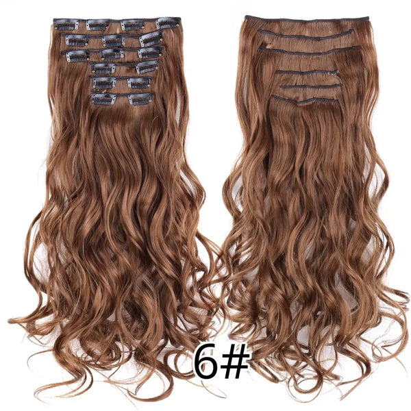 Alileader 22Inch Synthetic Long Curly 16Clips Clip in Hair Extensions Body Wave Hairpiece 6Pcs Resistant Fiber Ombre Blond Women