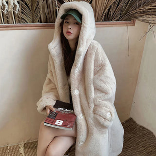 Buy beige 2021 New Winter Women Faux Rabbit Fur Coat  Loose Long Fur Coat Large Size Hooded OverCoat Thick Warm Female Plush Coats