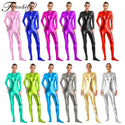 Womens Metallic Shiny Zentai Jumpsuit Mock Neck Long Sleeve Zipper Full Body Unitard Tights for Gymnatics Performance Clubwear