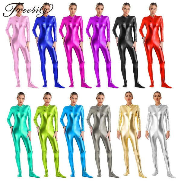 Womens Metallic Shiny Zentai Jumpsuit Mock Neck Long Sleeve Zipper Full Body Unitard Tights for Gymnatics Performance Clubwear