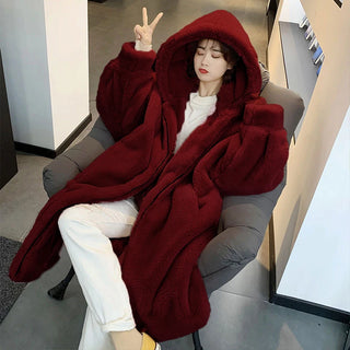 Buy wine-red LIUJ QM Hooded Oversized Jacket Winter Fur Coat Women Parka Long Warm Faux Fur Jacket Coats Loose Winter Coat Women -20 Degrees