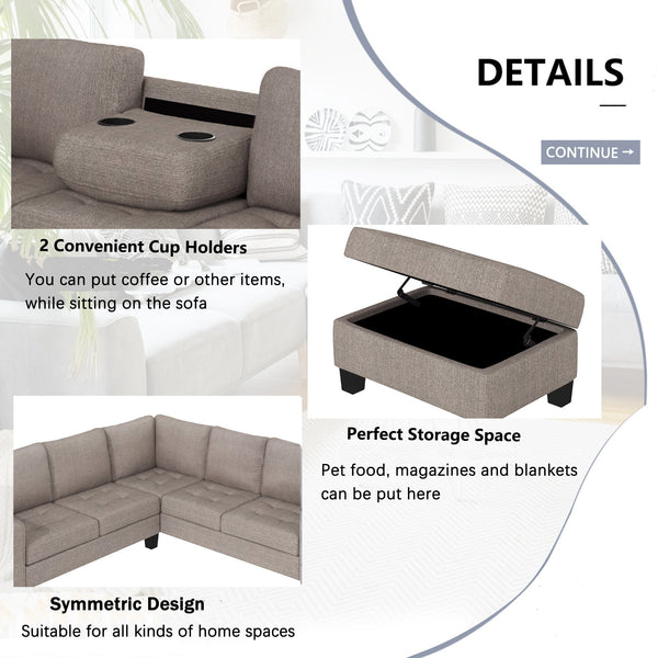 Sectional Corner Sofa L-Shape Couch Space Saving With Storage Ottoman & Cup Holders Design for Large Space Dorm Apartmen