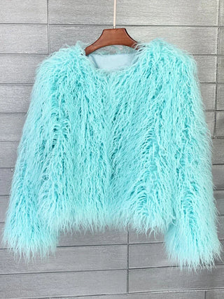 Buy light-blue Colorful Boho Furry Faux Fur Coat Women Fur Coats Autumn Winter Pink White Shaggy Faux Fur Jacket Tops Festival Clothing