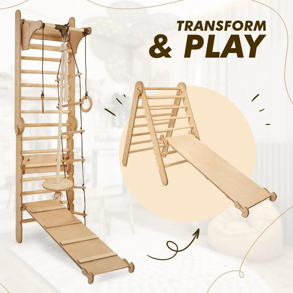 3in1 Wooden Swedish Wall / Climbing Ladder for Children + Swing Set + Slide Board