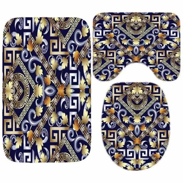 3D Luxury Black Gold Greek Key Meander Baroque Bathroom Curtains Shower Curtain Set for Bathroom Modern Geometric Bath Rug Decor