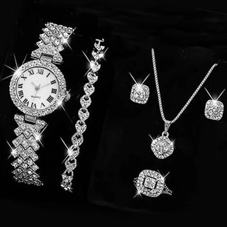 Fashion Luxury Full Crystal 5 Pcs Watch  Necklace Earrings  Ring  Set for Women Rhinestone  Wristwatch Female Bracelet Set Gift