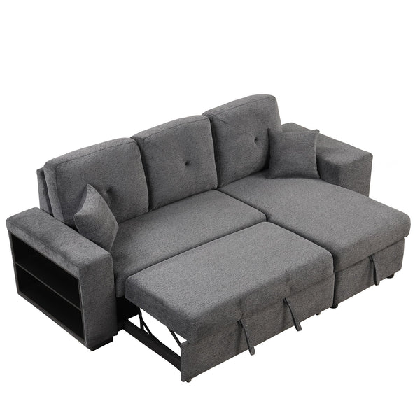 Reversible Sleeper Sectional Sofa Bed With Side Shelf and 2 Stools,Pull-Out L-Shaped Sofa Bed,Corner Sofa-Bed With Stora