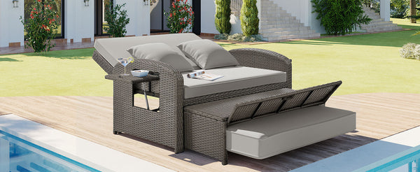 PE Wicker Rattan Double Chaise Lounge, 2-Person Reclining Daybed With Adjustable Back and Cushions, Free Furniture Prote