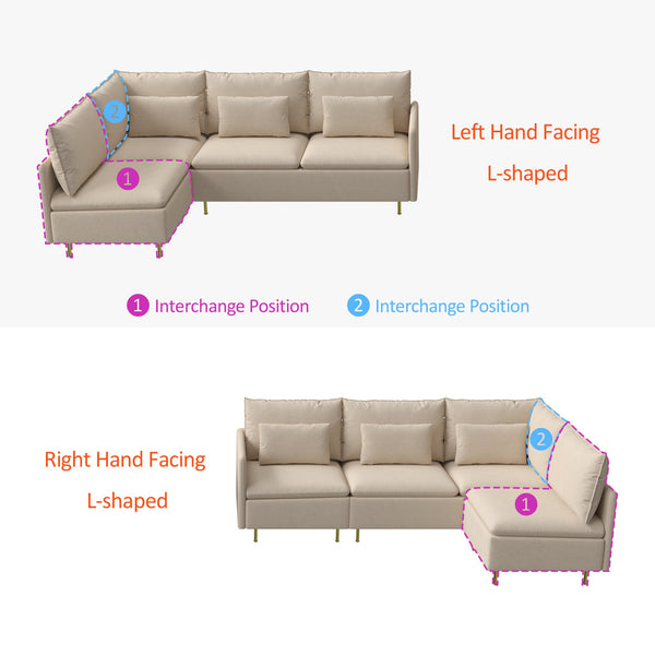 Modular L-Shaped Corner Sofa, Movable Chaise Facing Left/Right, Beige Cotton-Linen -90.9 Inches