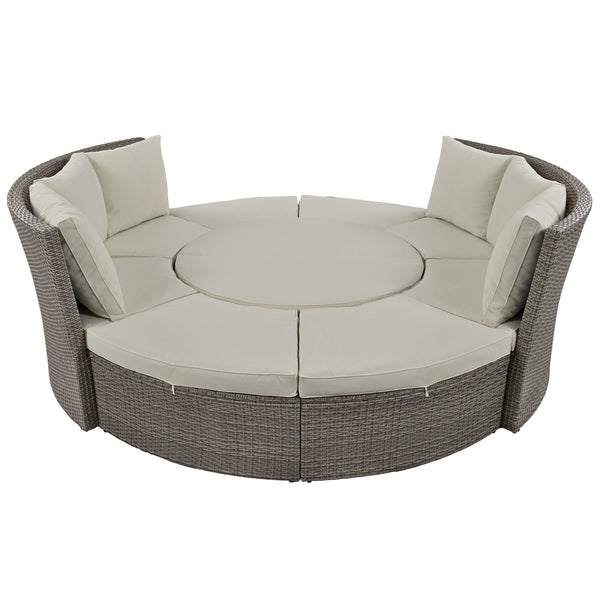 Patio 5-Piece Round Rattan Sectional Sofa Set All-Weather PE Wicker Sunbed Daybed With Round Liftable Table and Washable