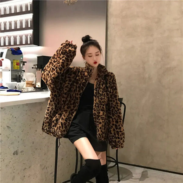 Winter Leopard Print Jacket Women's Stand Collar Warm Parkas Outwear 2024 New Autumn Winter Korean Female Loose Faux Fur Coats