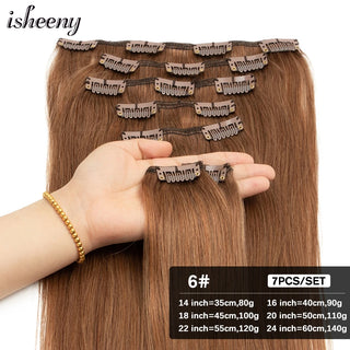 Buy 6 Isheeny 14&quot;-24&quot; Clip in Human Hair Extensions Brazilian Remy Natural Clip Human Hair Extension Real Natural Clip on 80g-140g