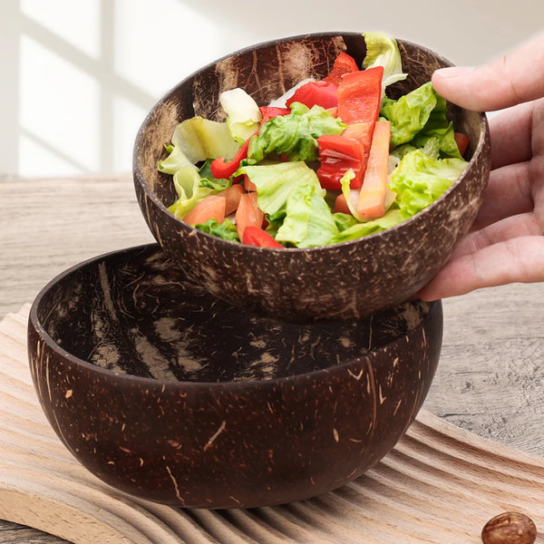 550/400/300Ml Natural Coconut Bowl Dinner Set Handmade Wooden Tableware Wood Spoon Dessert Fruit Salad Mixing Rice Ramen Bowl