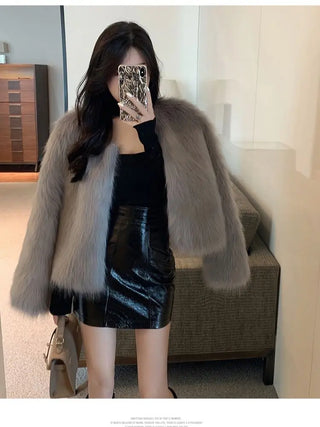 Buy grey 2024 Winter Warm Lady Faux Fur Coats Long Sleeves Short Cut Women Winter Artificial Fur Coat Thick Warm Female Faux Fur Jackets