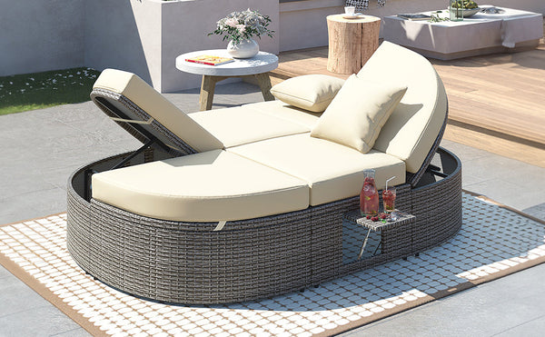 Outdoor Sun Bed Patio 2-Person Daybed With Cushions and Pillows, Rattan Garden Reclining Chaise Lounge With Adjustable B