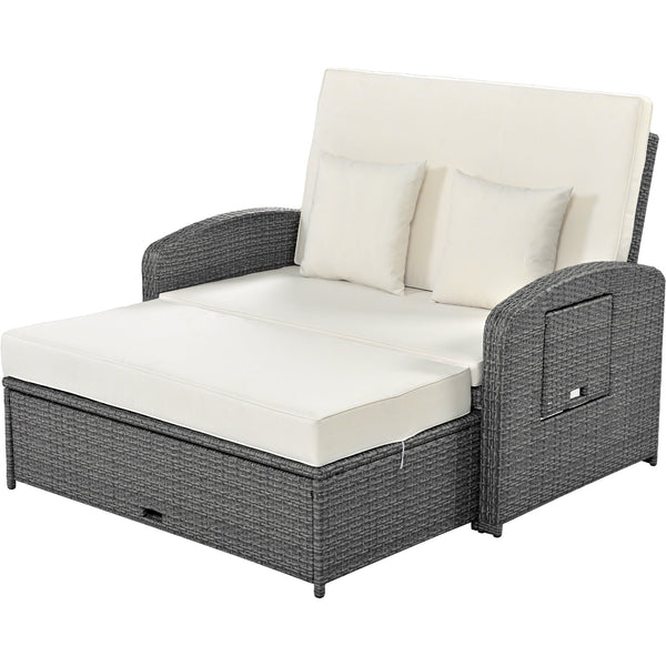 PE Wicker Rattan Double Chaise Lounge, 2-Person Reclining Daybed With Adjustable Back and Cushions, Free Furniture Prote