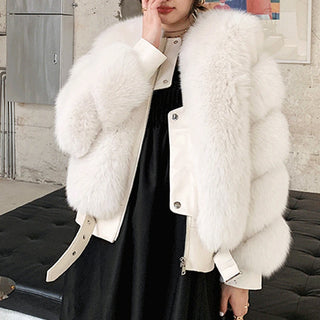 Buy white BFFUR Winter Fashion Real Fox Fur Coats for Women Locomotive Style Genuine Sheep Leather Jacket Natural Fox Fur Coat Female 2022