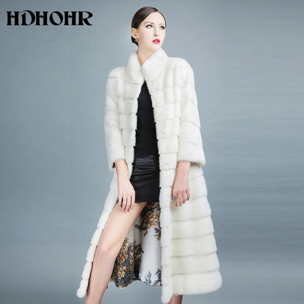 HDHOHR 2024 High Quality Natural Mink Fur Coats Long With Skirt Women Winter Real White Mink Coats Slim Warm Fur Jackets Feamle