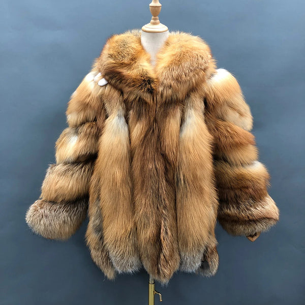 Fur Coats Women Long Luxury Real Red Fox Fur Jacket Turn Down Collar Furry Thick Warm Coat Winter