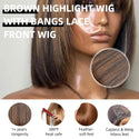 Rosabeauty Put on and Go Realistic Yaki Straight Short Bob With Bangs Minimalist 100% Human Hair Brown Highlight Lace Wig