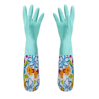 Buy green Flower Rubber Velvet Long Gloves Household  Antiskid Washing Cleaning   Dish