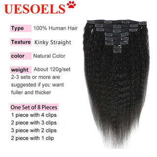 Kinky Straight Clips in Human Hair Extensions Natural Color in Brazilian 100% Remy Human Hair 120G 8Pcs/Set Full Head for Women