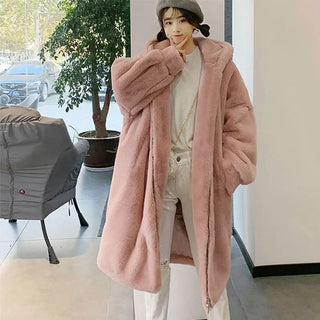 Buy pink LIUJ QM Hooded Oversized Jacket Winter Fur Coat Women Parka Long Warm Faux Fur Jacket Coats Loose Winter Coat Women -20 Degrees