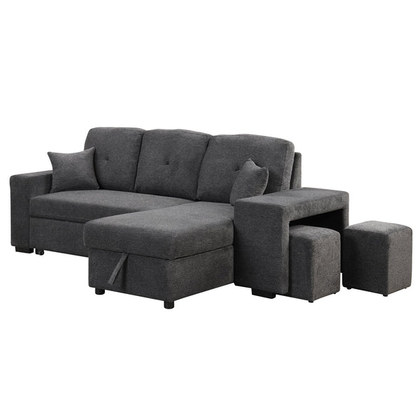 Reversible Sleeper Sectional Sofa Bed With Side Shelf and 2 Stools,Pull-Out L-Shaped Sofa Bed,Corner Sofa-Bed With Stora