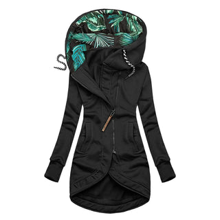 Buy black Fashion Drawstring Zip-Up Jacket Women&#39;s Stitching Coat Hooded Slim Fashion Jackets Outwear Autumn Winter Casual Loose Coats