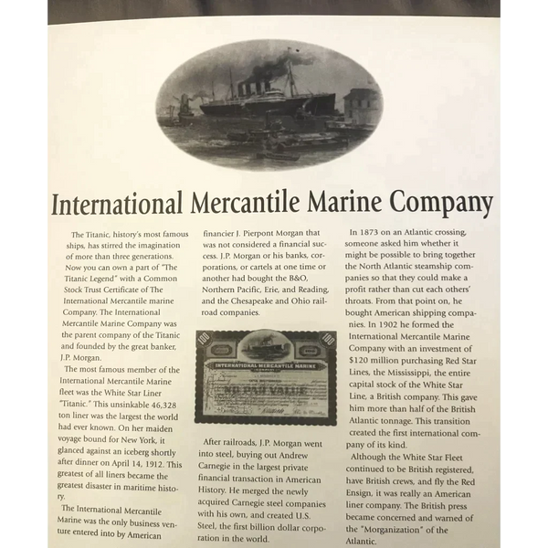 Antique 1910s - 1920s Titanic International Mercantile Marine Stock Certificate - Gray