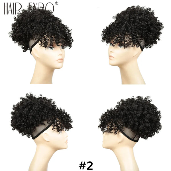 High Puff Afro Kinky Curly Synthetic Ponytail With Bangs Short Chignon Hair Extension Drawstring Clip Hair for Black/White Women