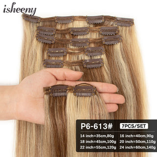 Buy p6-613 Isheeny 14&quot;-24&quot; Clip in Human Hair Extensions Brazilian Remy Natural Clip Human Hair Extension Real Natural Clip on 80g-140g