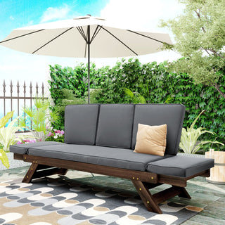 Outdoor Adjustable Patio Wooden Daybed Sofa Chaise Lounge With Cushions for Small Places, Brown Finish+Gray Cushion