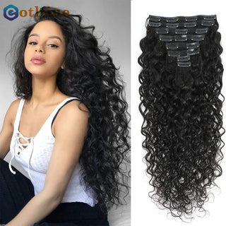 Eotltiue Water Wave Clips in Hair Extensions Brazilian Human Hair 8 Pieces and 120g/Set Natural Color 8-24 Inches Remy Hair