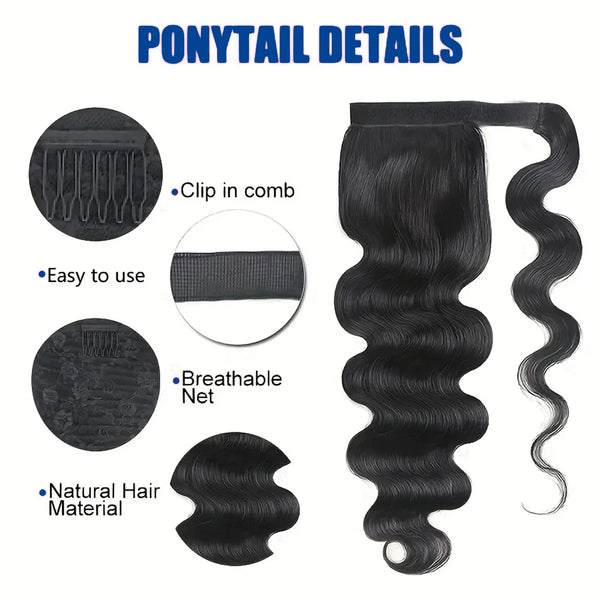 Body Wave Ponytail Extension Human Hair With Magic Paste Warp Around Brazilian 100% Human Hair for Women 1B Natural Color Virgin