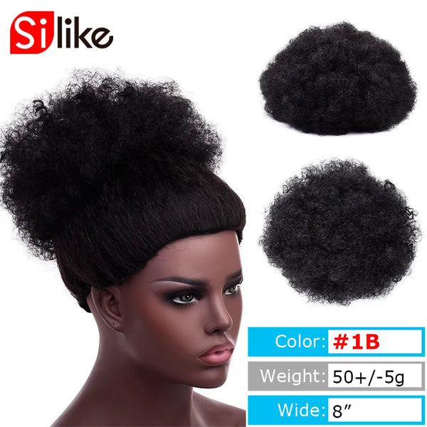 Silike Synthetic Short Afro Puff Hair Bun High Temperature Drawstring Warp Pony Tail Clip in Hair Extension Kinky Curly Hair Bun