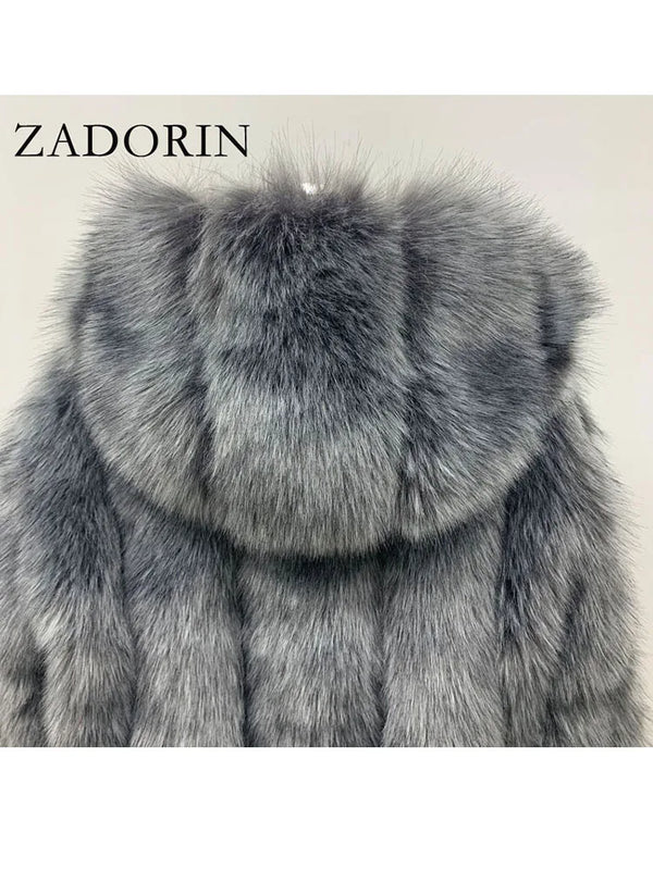 ZADORIN New Luxury Faux Silver Fox Fur Coat Women Hooded Front Zipper Furry Warm Winter Faux Fur Jacket Office Lady Fur Coats