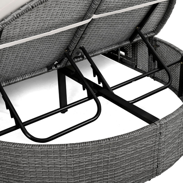 Outdoor Sun Bed Patio 2-Person Daybed With Cushions and Pillows, Rattan Garden Reclining Chaise Lounge With Adjustable B