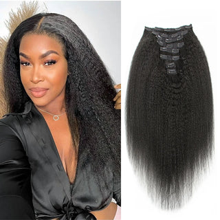 Kinky Straight Clip in Hair Extension Human Hair Yaki Straight Remy Hair Extensions Full Head 8-24 Inch Clip on Hair 1B Color