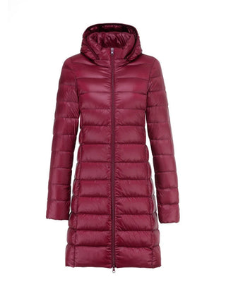 Buy burgundy Ladies Coats Long Winter Hat Detachable Down Jacket Ultra Light Down Jacket Women Hooded Female 90%White Duck Down Warm Coat