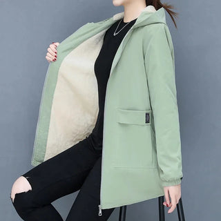 Buy pea-green-color 4XL Women Windbreaker Winter Autumn Women&#39;s Fleece Jacket Coats Loose Hooded Mid Long Overcoat Zipper Pocket Female Basic Coat