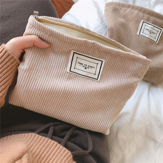 Buy beige Hylhexyr Large Women Corduroy Cloth Cosmetic Bag Zipper Make Up Bags Travel Washing Makeup Organizer Beauty Case Solid Color