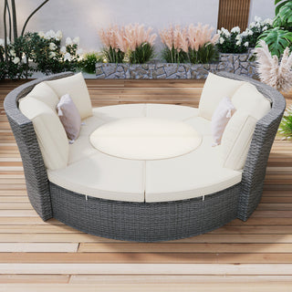 Patio 5-Piece Round Rattan Sectional Sofa Set All-Weather PE Wicker Sunbed Daybed With Round Liftable Table and Washable