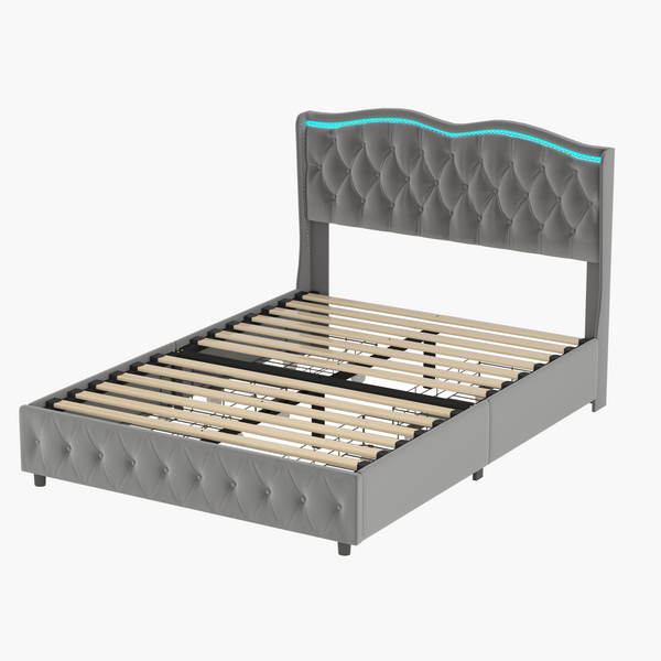 Queen Platform Bed Frame , Velvet Upholstered Bed With Deep Tufted Buttons and Nailhead Trim, Adjustable Colorful LED Li