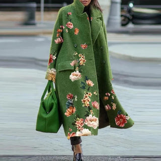 Buy 02-print-green Elegant Autumn Street Lady Long Cardigan Coats Fashion Floral Print Pocket Long Sleeve Jacket 2021 Winter Women Blend Wool Coat