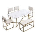 Modern Faux Marble 6-Piece Dining Table Set,60inch Metal Kitchen Table Set With Upholstered Dining Chairs and Bench, Gol