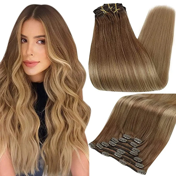 Full Shine Human Hair Extensions Clip in Hair Extensions Human Hair 7PCS 105G Double Weft Hair Extensions Human Hair for Woman